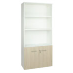 Armario librería alto. Serie Básica. Con puertas bajas y estantes. Color blanco y roble midas