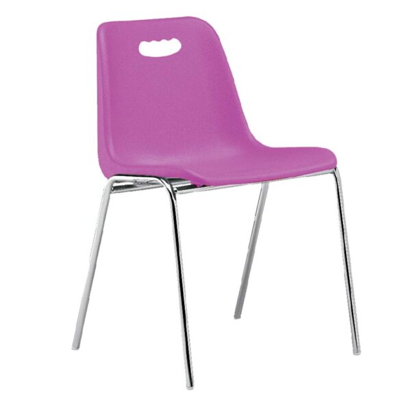 vista silla Vela estructura cuatro patas cromada respaldo con asa color fucsia