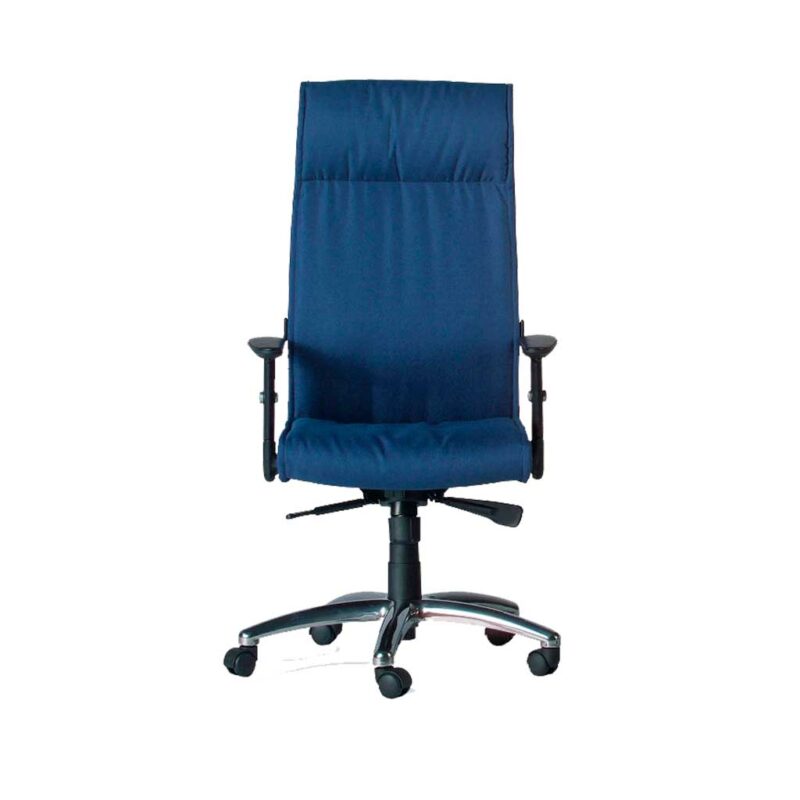 Sillón respaldo alto brazos regulables base giratoria tela azul