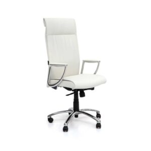 Sillon respaldo alto brazos fijos aluminio y piel base giratoria cromada con ruedas. Tapizado piel blanca