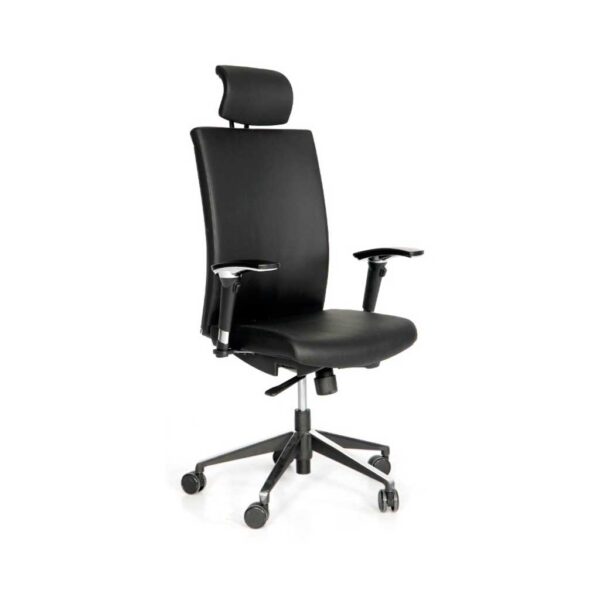 Vista frontal del sillon Star giratorio respaldo alto con reposacabezas, brazo aluminio asiento respaldo tapizado simil piel