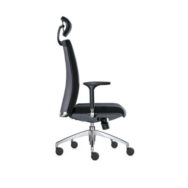 Vista lateral sillon Star giratorio respaldo alto con reposacabezas, brazo aluminio asiento respaldo tapizado simil piel