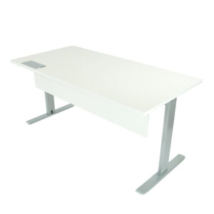 mesa con Faldón modelo Kyra. Tapa blanca, faldon blanco estructura gris plata.