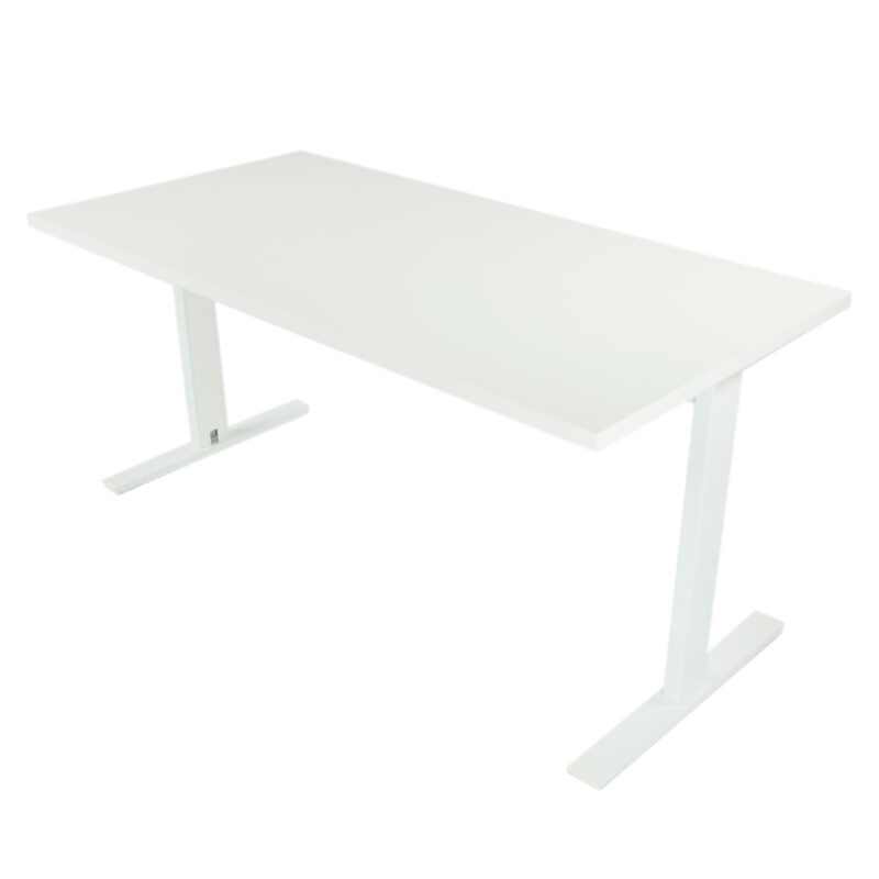 Mesa de oficina con estructura blanca y tapa blanca.