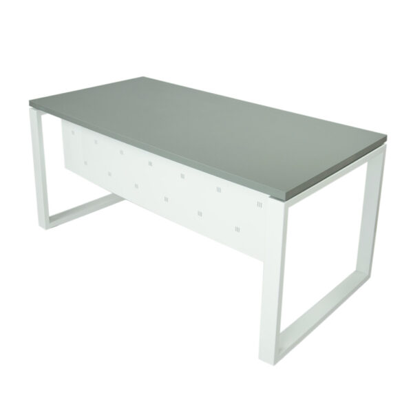 Vista mesa completa con faldón metálico level Cerrada estructura y faldón blanco y tapa gris naval.