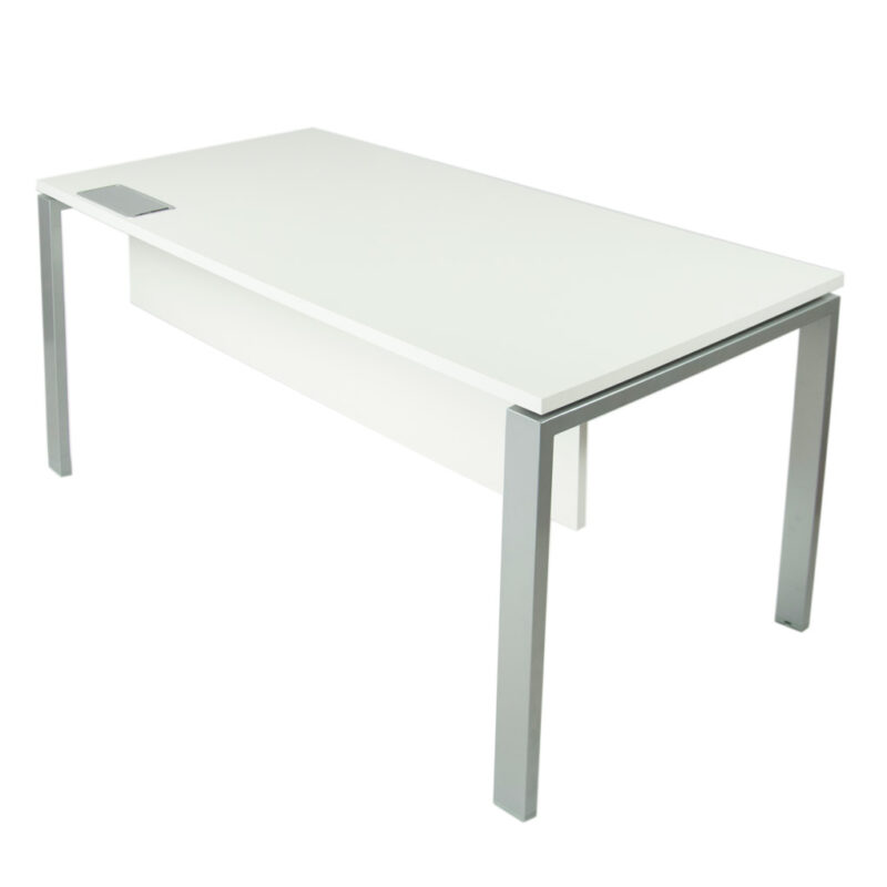 detalle top access gris plata en mesa Level abierta con estructura gris plata y tapa blanca.
