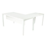 Vista de mesa completa modelo Level abierta, con ala auxiliar y faldón en melamina toda blanca.
