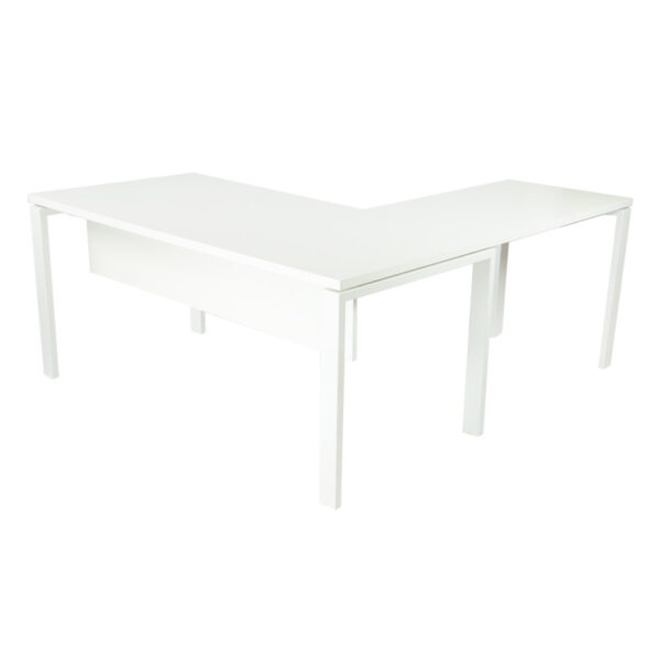 Vista de mesa completa modelo Level abierta, con ala auxiliar y faldón en melamina toda blanca.