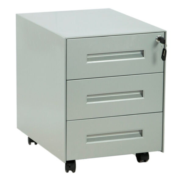 vista frontal cajonera tres cajones en gris plata con llave