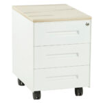 ista frontal de cajonera metálica con tres cajones blanca con tablero maple