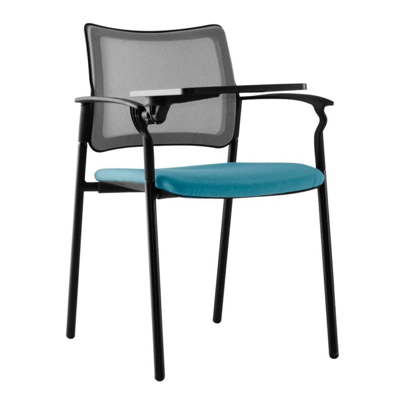 vista frontal silla urban con pala asiento tapizado azul y respaldo red negra
