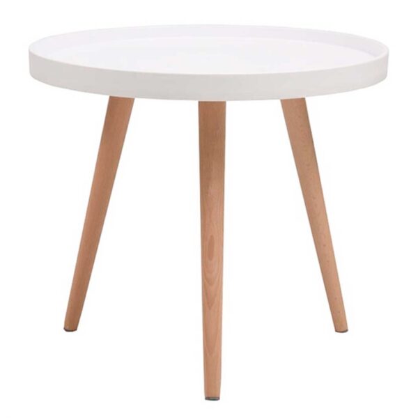 mesa baja auxiliar madera y blanca. diámetro 50 cm.