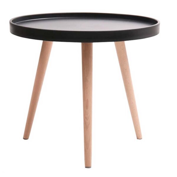 mesa baja auxiliar madera y negra. diámetro 50 cm.
