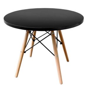 mesa baja estructura mixta madera y metal tablero negro.
