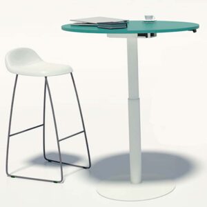 mesa redonda elevable en altura metal y laminado.