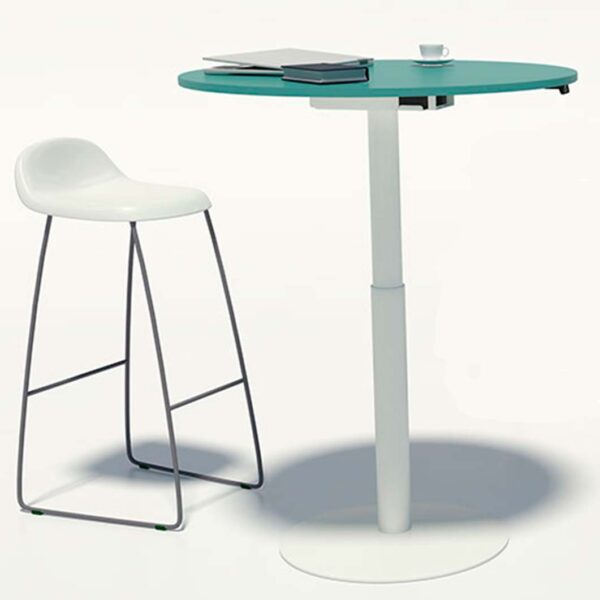 mesa redonda elevable en altura metal y laminado.