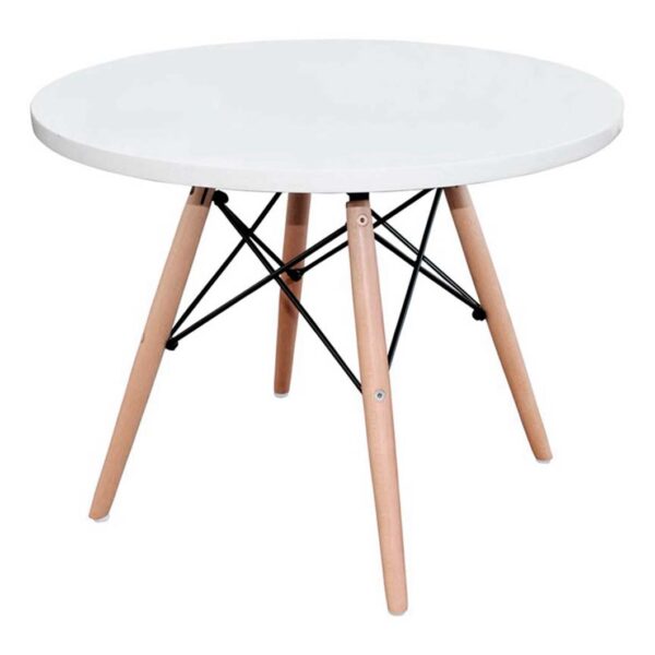 mesa baja estructura mixta madera y metal tablero blanco.