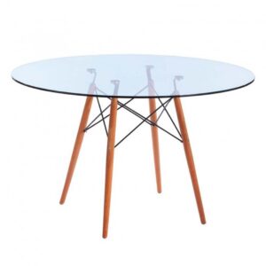 mesa redonda de cristal con base de madera y varillas