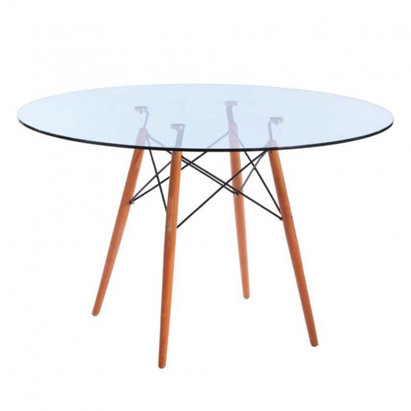 mesa redonda de cristal con base de madera y varillas