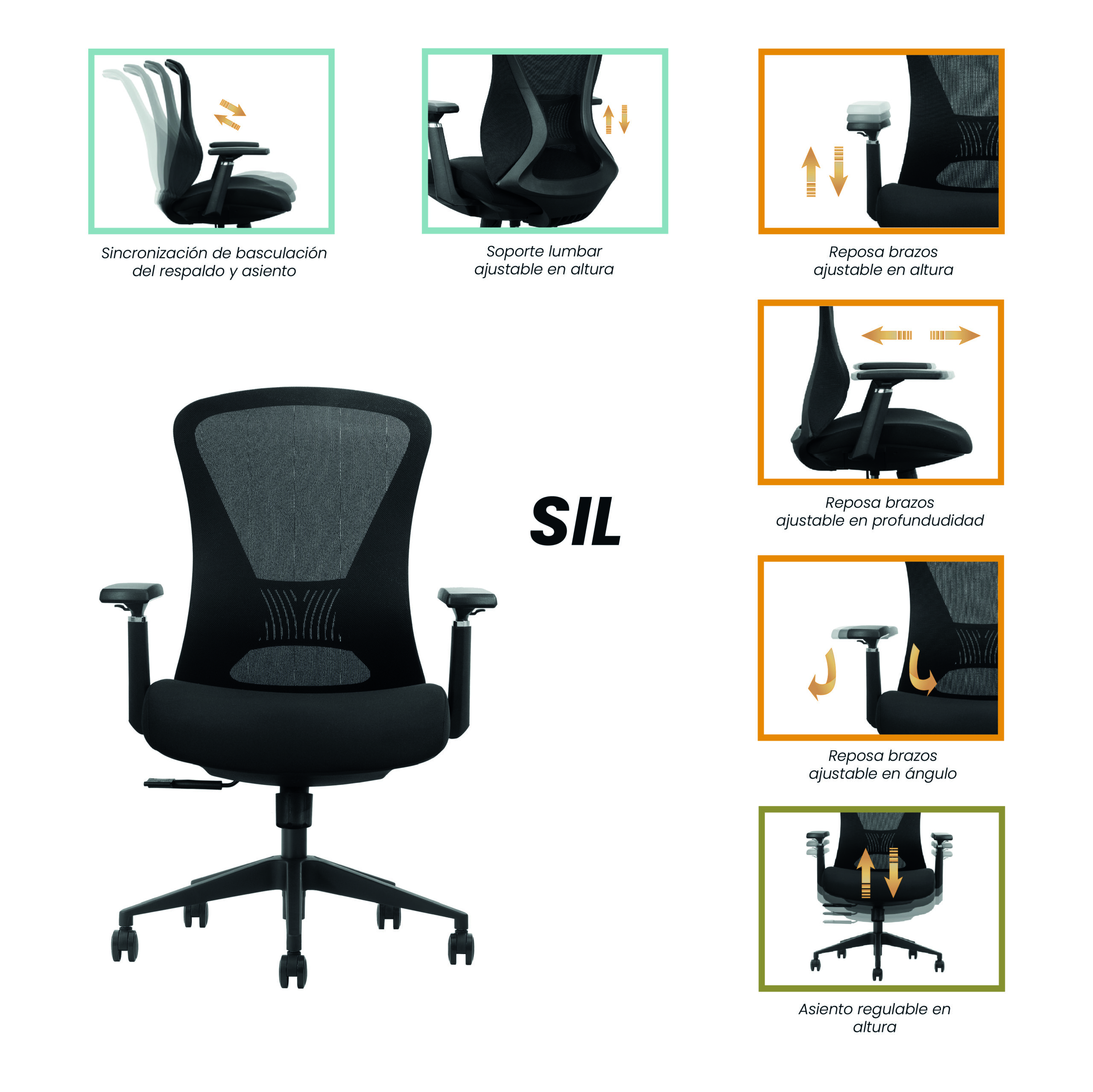 Silla de oficina ergonómica con soporte lumbar, silla de trabajo con  reposabrazos de malla para respaldo, silla de computadora con respaldo  medio
