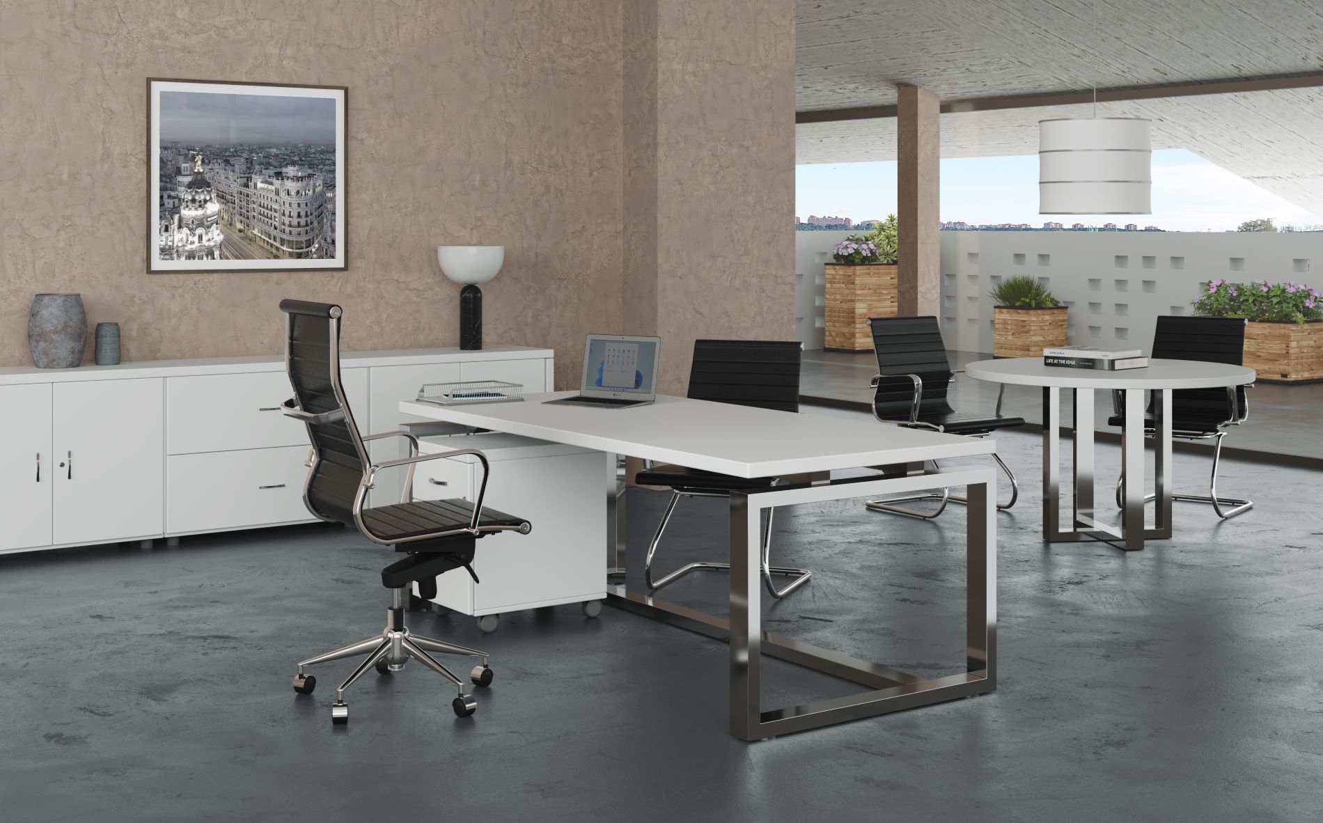 Oficina minimalista con silla de oficina giratoria con acabado simil piel