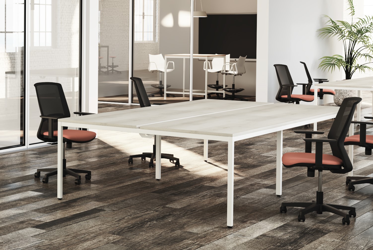 Mesa tipo bench de color claro modelo Optima