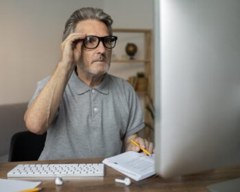 Trabajador de oficina con posible fatiga visual causada por el trabajo con pantallas
