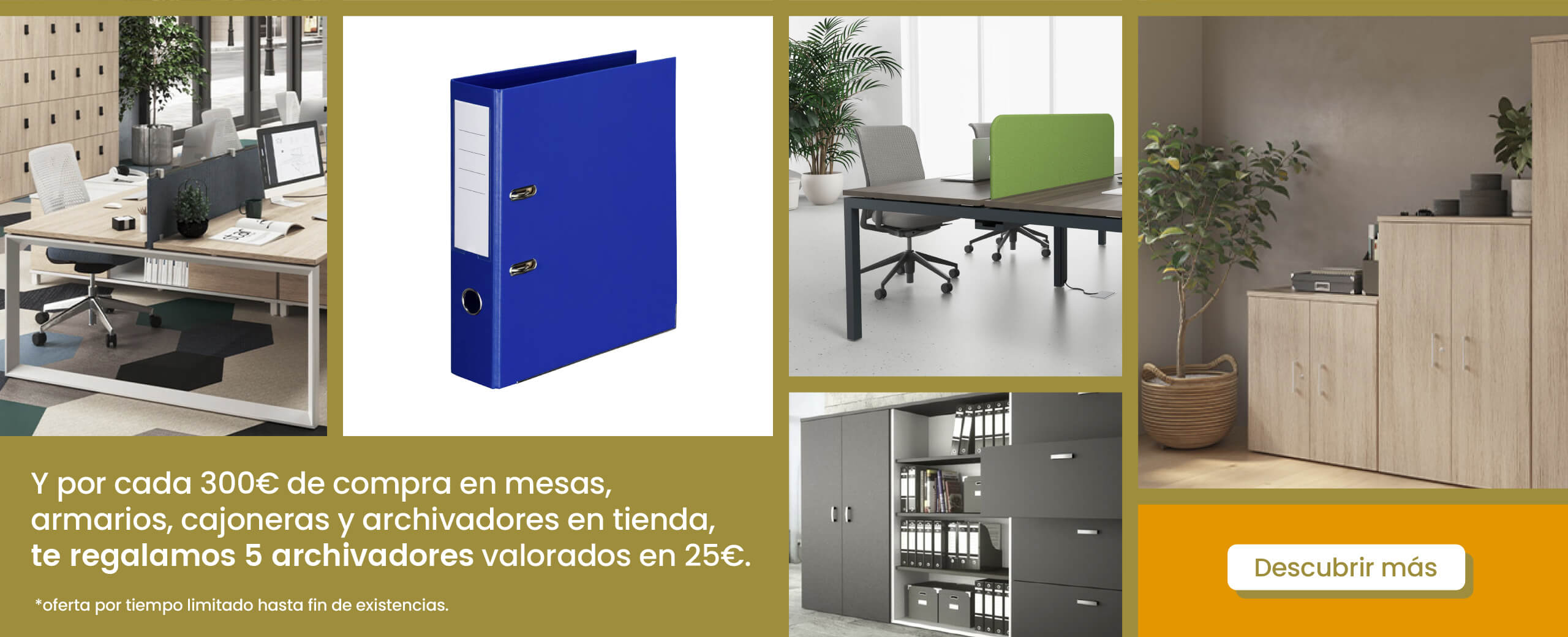 Y por cada 300€ de compra en mesas, armarios, cajoneras y archivadores en tienda, te regalamos 5 archivadores valorados en 25€
