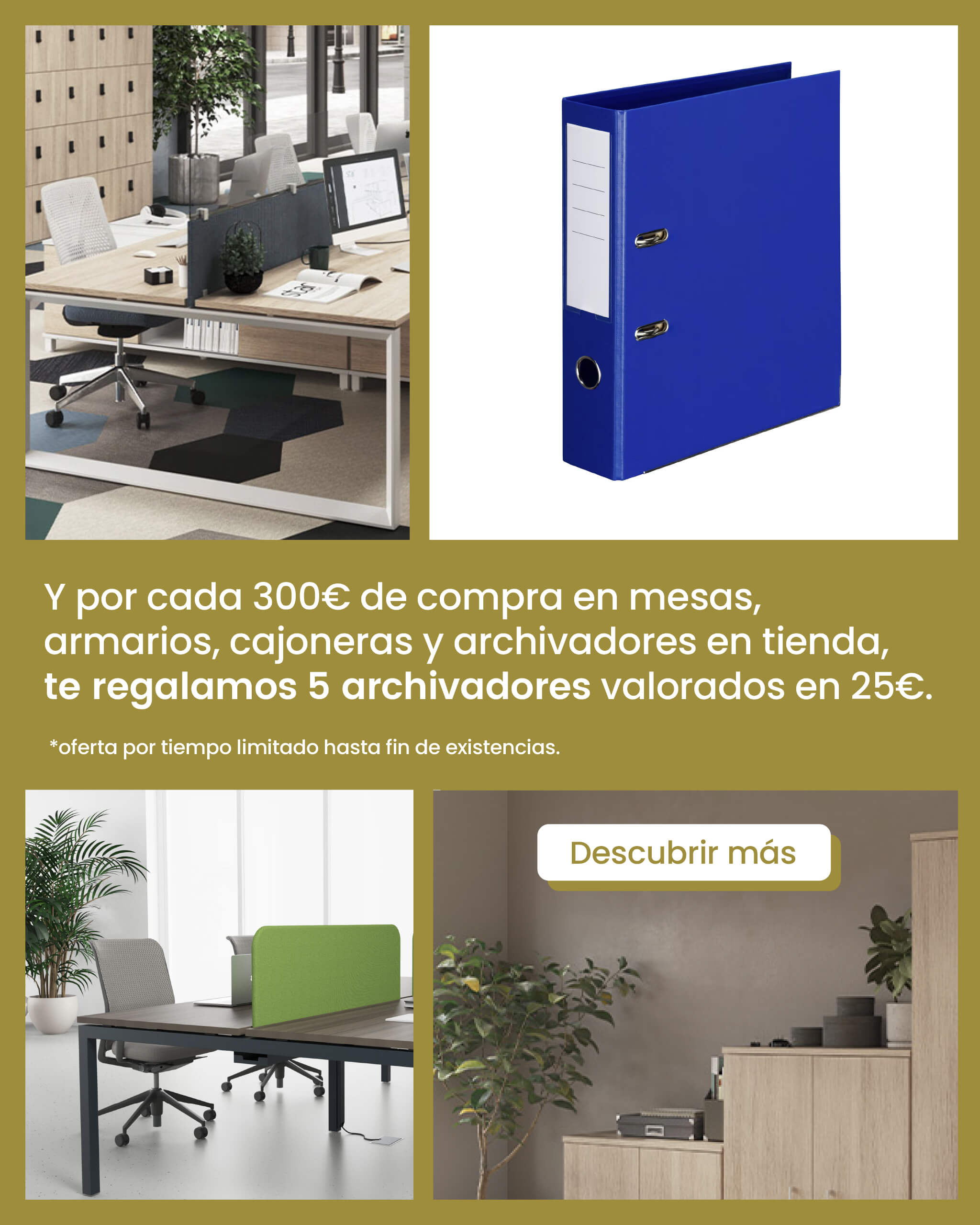 Y por cada 300€ de compra en mesas, armarios, cajoneras y archivadores en tienda, te regalamos 5 archivadores valorados en 25€